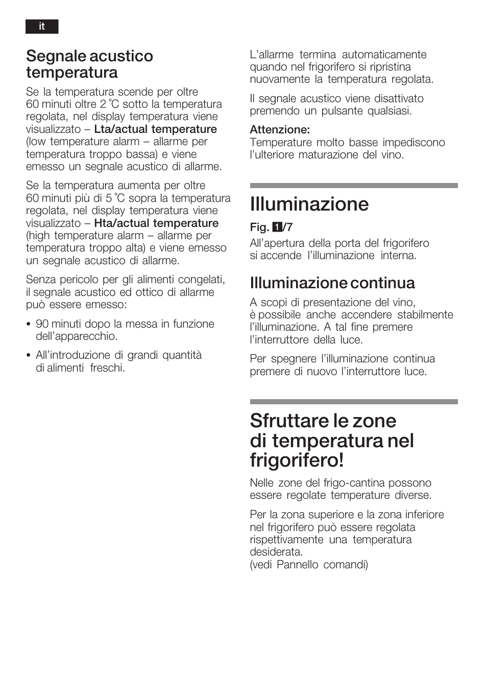 Illuminazione, Sfruttare le zone di temperatura nel frigorifero, Segnale acustico temperatura | Illuminazione continua | Bosch KSW38940 Cave à vin de vieillissement Premium Luxe User Manual | Page 50 / 75