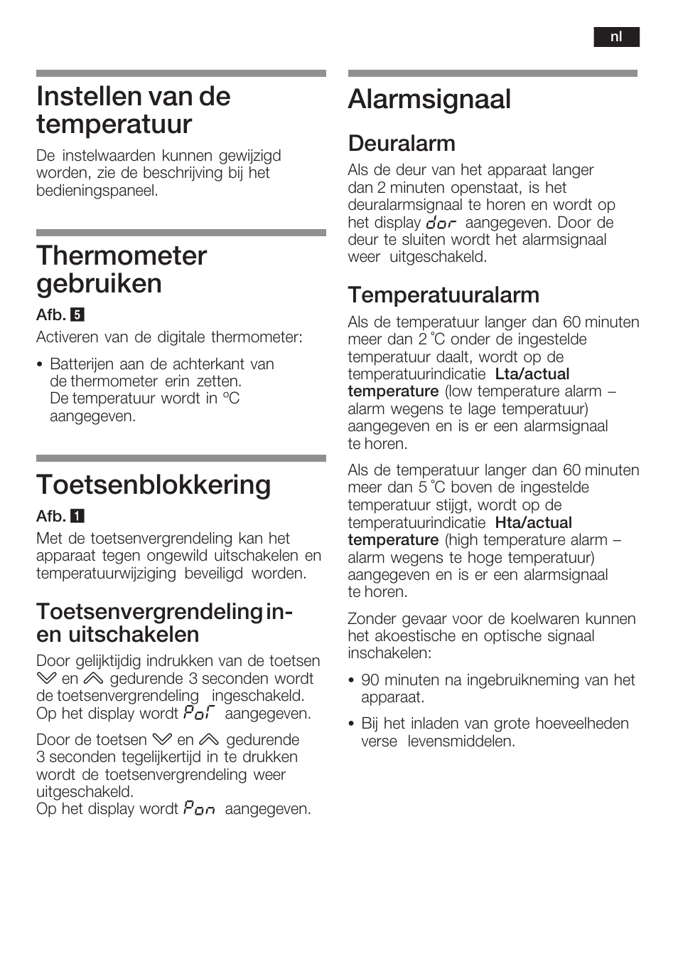 Instellen van de temperatuur, Thermometer gebruiken, Toetsenblokkering | Alarmsignaal, Toetsenvergrendeling inć en uitschakelen, Deuralarm, Temperatuuralarm | Bosch KSW38940 Cave à vin de vieillissement Premium Luxe User Manual | Page 63 / 75