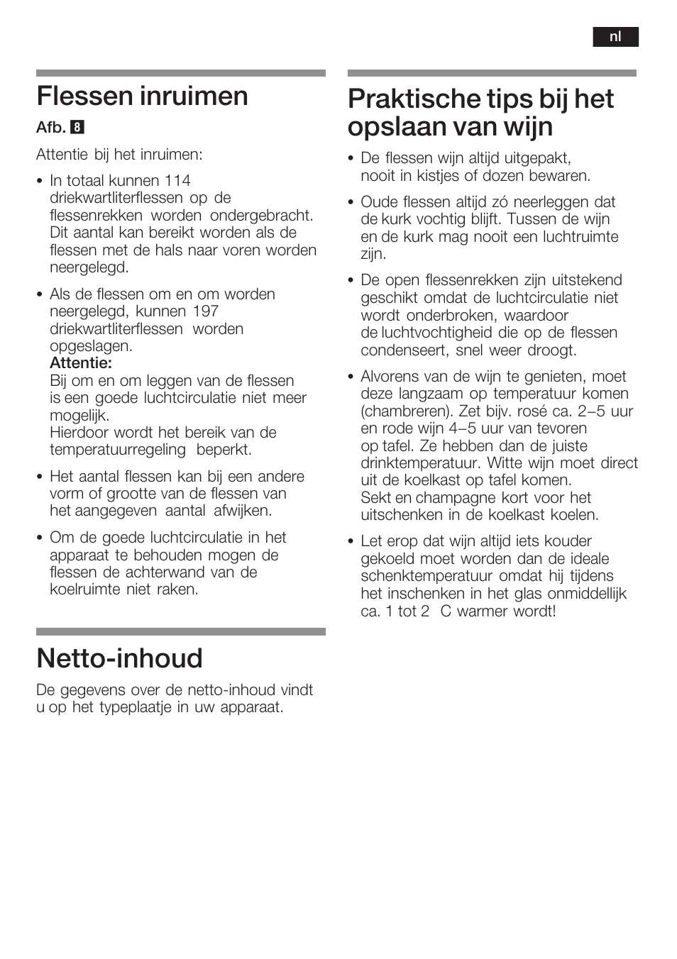Flessen inruimen, Nettoćinhoud, Praktische tips bij het opslaan van wijn | Bosch KSW38940 Cave à vin de vieillissement Premium Luxe User Manual | Page 65 / 75