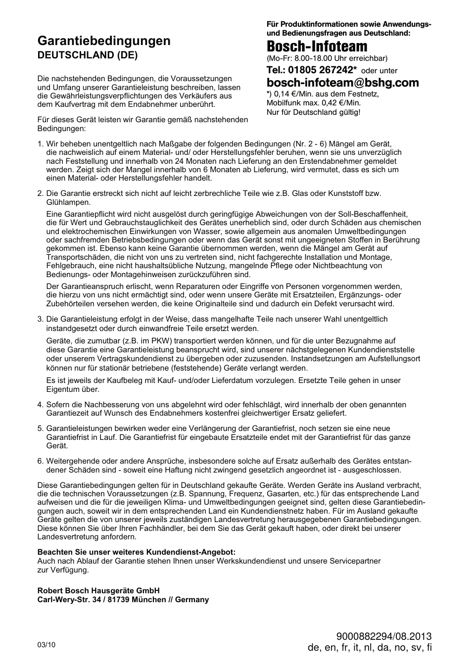 Bosch-infoteam, Garantiebedingungen | Bosch MUMXL10T Kitchen machine MaxxiMUM User Manual | Page 128 / 132