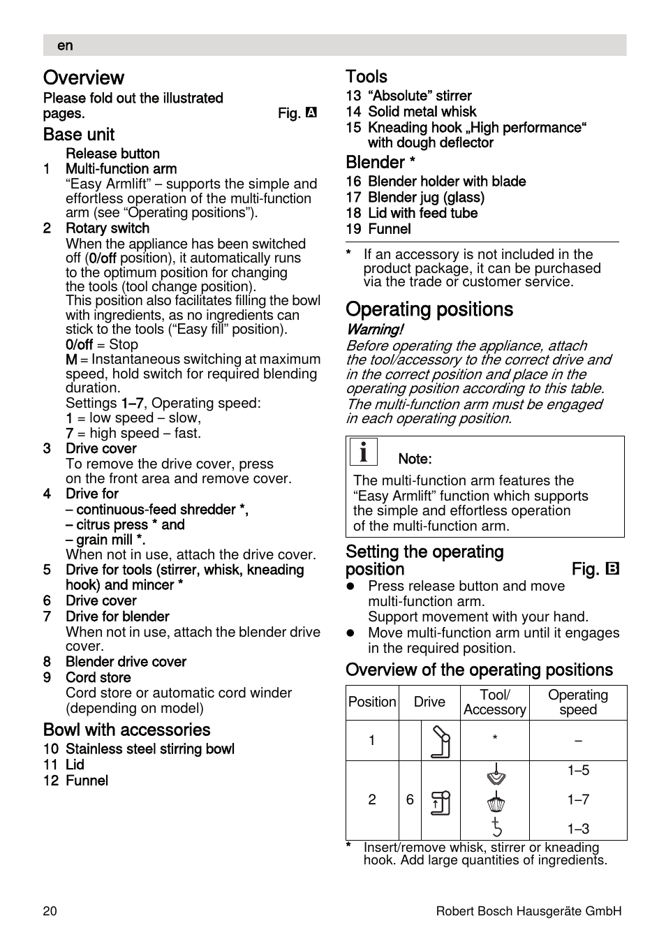 Overview, Operating positions, Base unit | Bowl with accessories, Tools, Blender, Setting the operating position fig, Overview of the operating positions | Bosch MUMXL10T Kitchen machine MaxxiMUM User Manual | Page 20 / 132