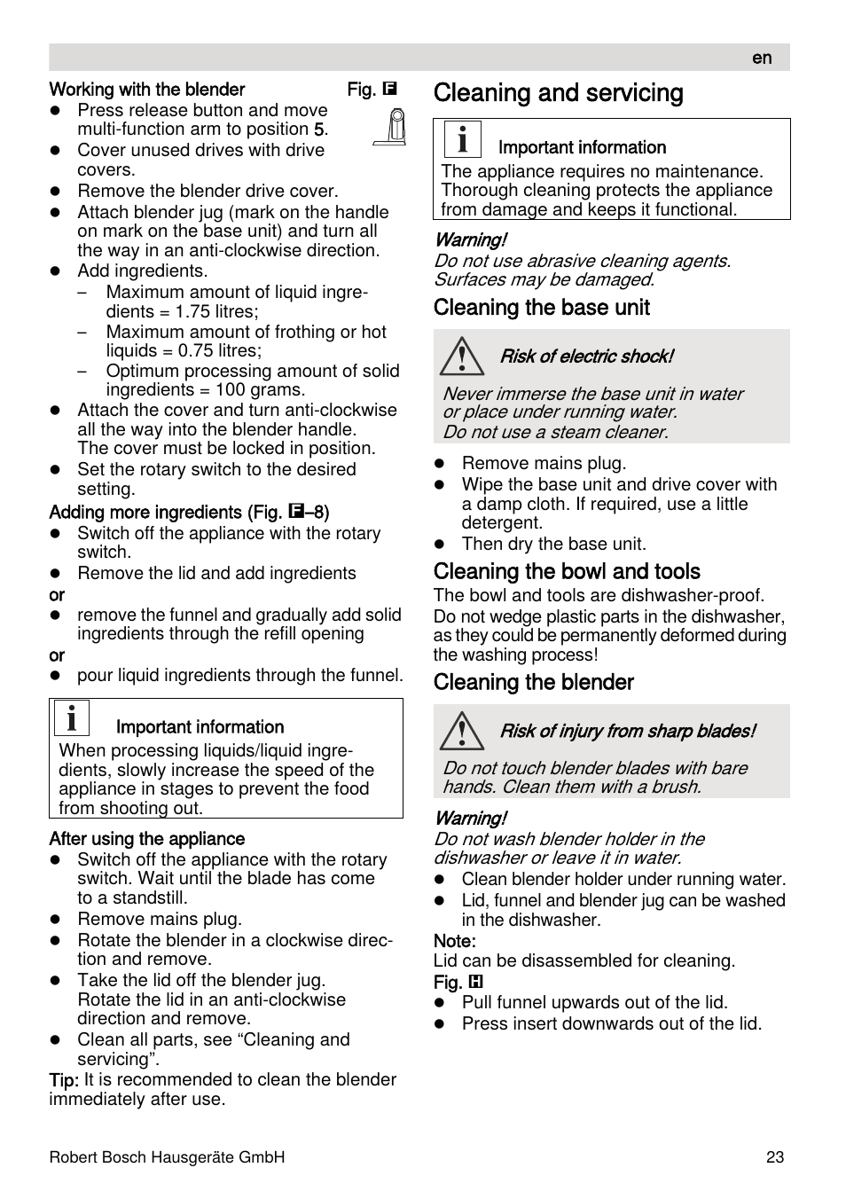 Cleaning and servicing, Cleaning the base unit, Cleaning the bowl and tools | Cleaning the blender | Bosch MUMXL10T Kitchen machine MaxxiMUM User Manual | Page 23 / 132