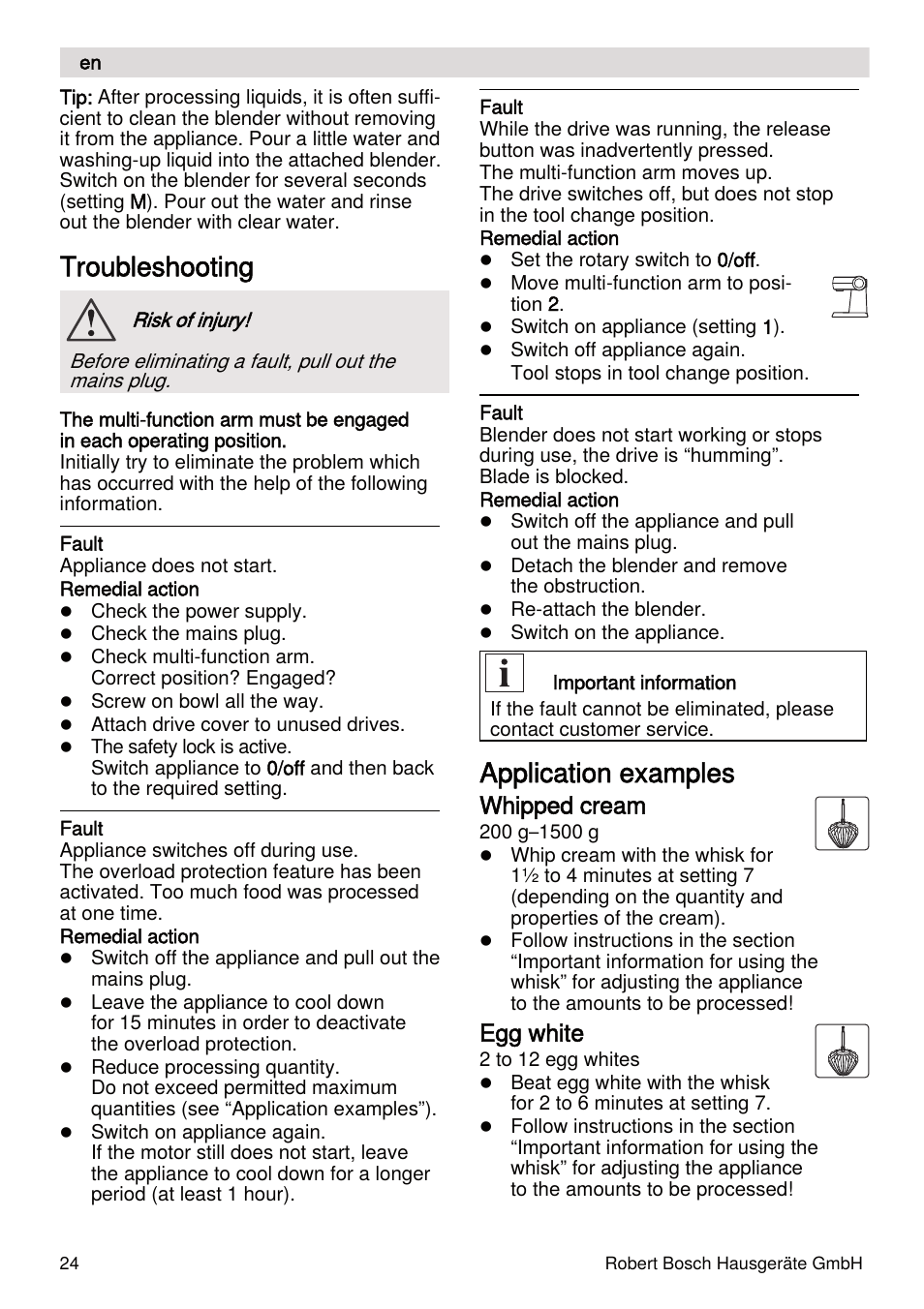 Troubleshooting, Application examples, Whipped cream | Egg white | Bosch MUMXL10T Kitchen machine MaxxiMUM User Manual | Page 24 / 132
