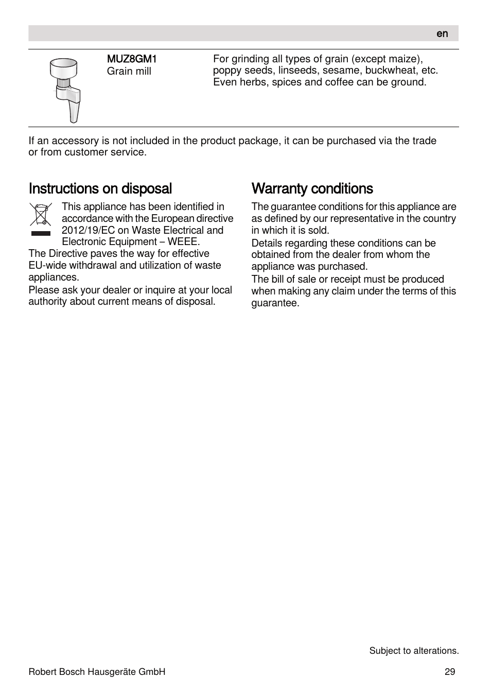 Instructions on disposal, Warranty conditions | Bosch MUMXL10T Kitchen machine MaxxiMUM User Manual | Page 29 / 132
