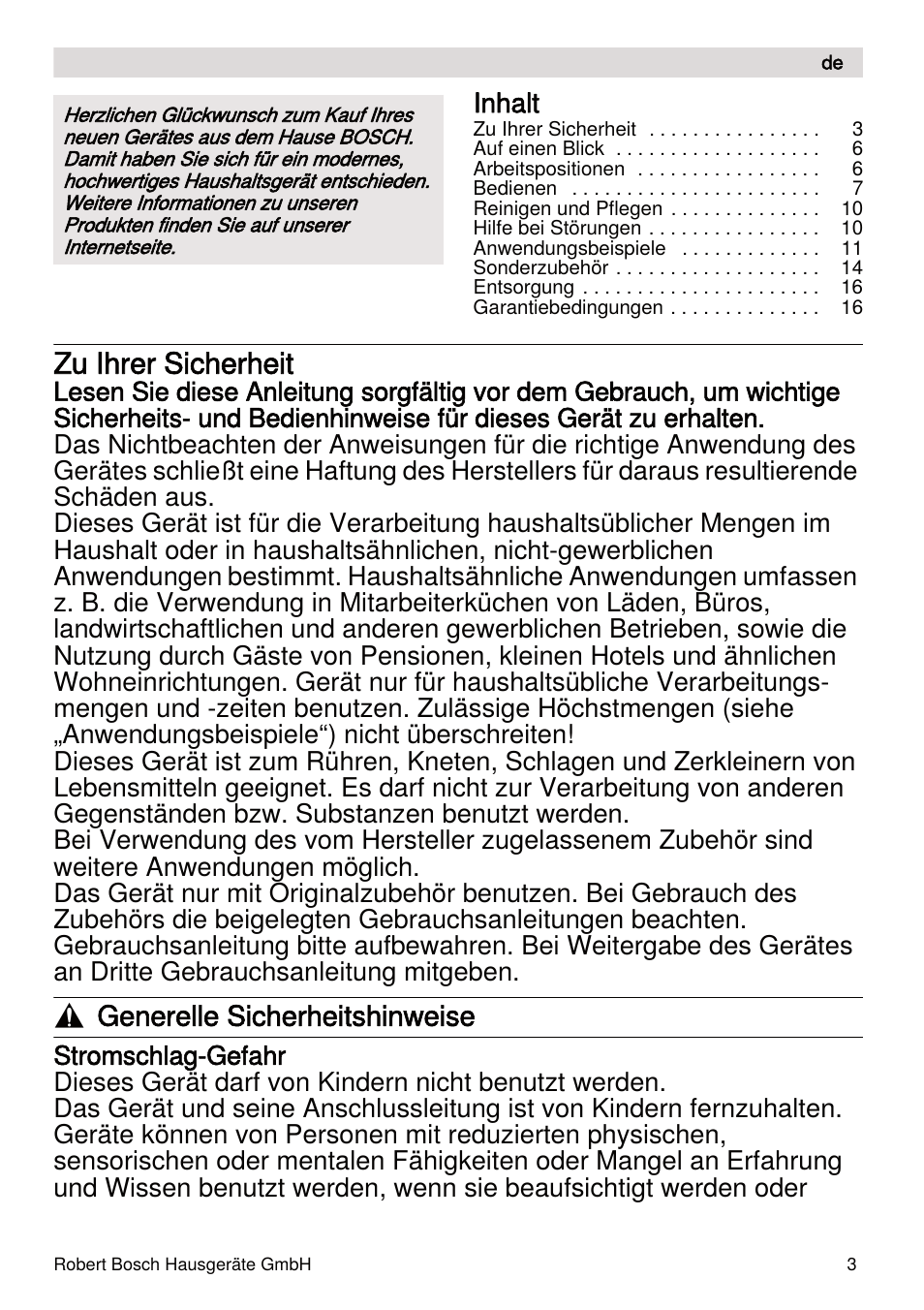 Zu ihrer sicherheit, Generelle sicherheitshinweise, Inhalt | Bosch MUMXL10T Kitchen machine MaxxiMUM User Manual | Page 3 / 132