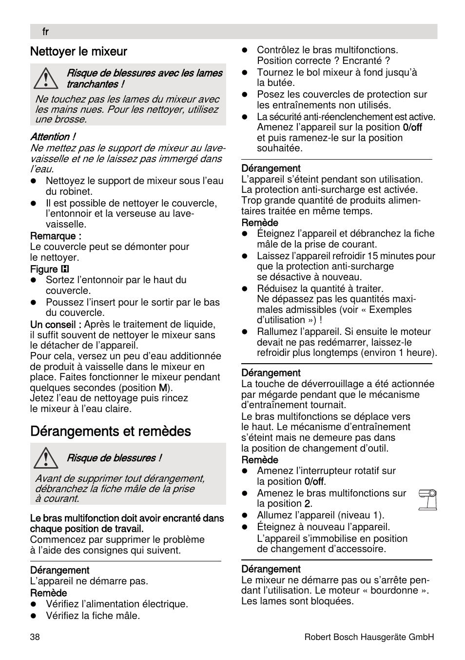 Dérangements et remèdes, Nettoyer le mixeur | Bosch MUMXL10T Kitchen machine MaxxiMUM User Manual | Page 38 / 132