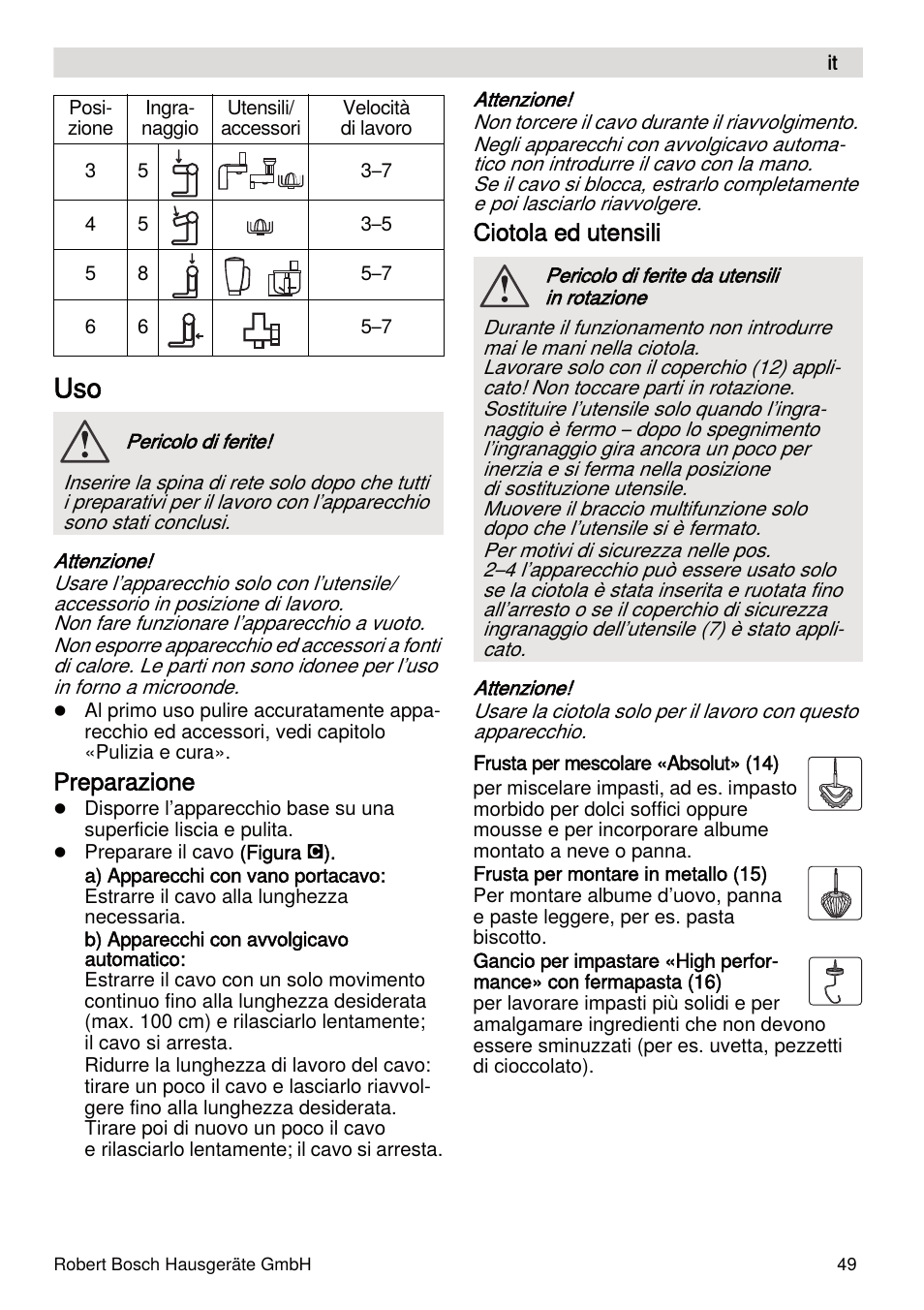 Preparazione, Ciotola ed utensili | Bosch MUMXL10T Kitchen machine MaxxiMUM User Manual | Page 49 / 132