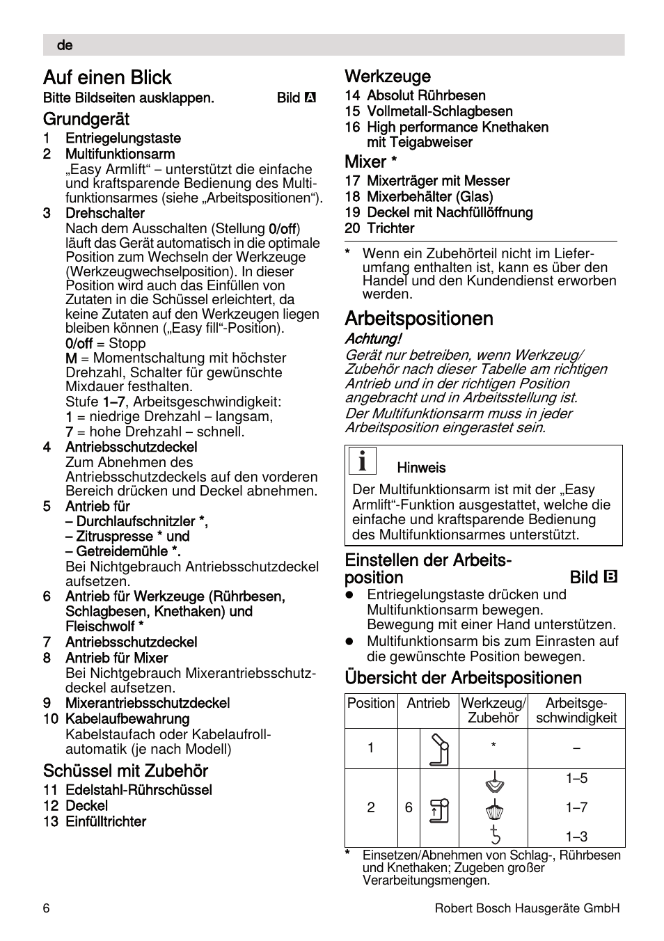 Auf einen blick, Arbeitspositionen, Grundgerät | Schüssel mit zubehör, Werkzeuge, Mixer, Einstellen der arbeits- position bild, Übersicht der arbeitspositionen | Bosch MUMXL10T Kitchen machine MaxxiMUM User Manual | Page 6 / 132