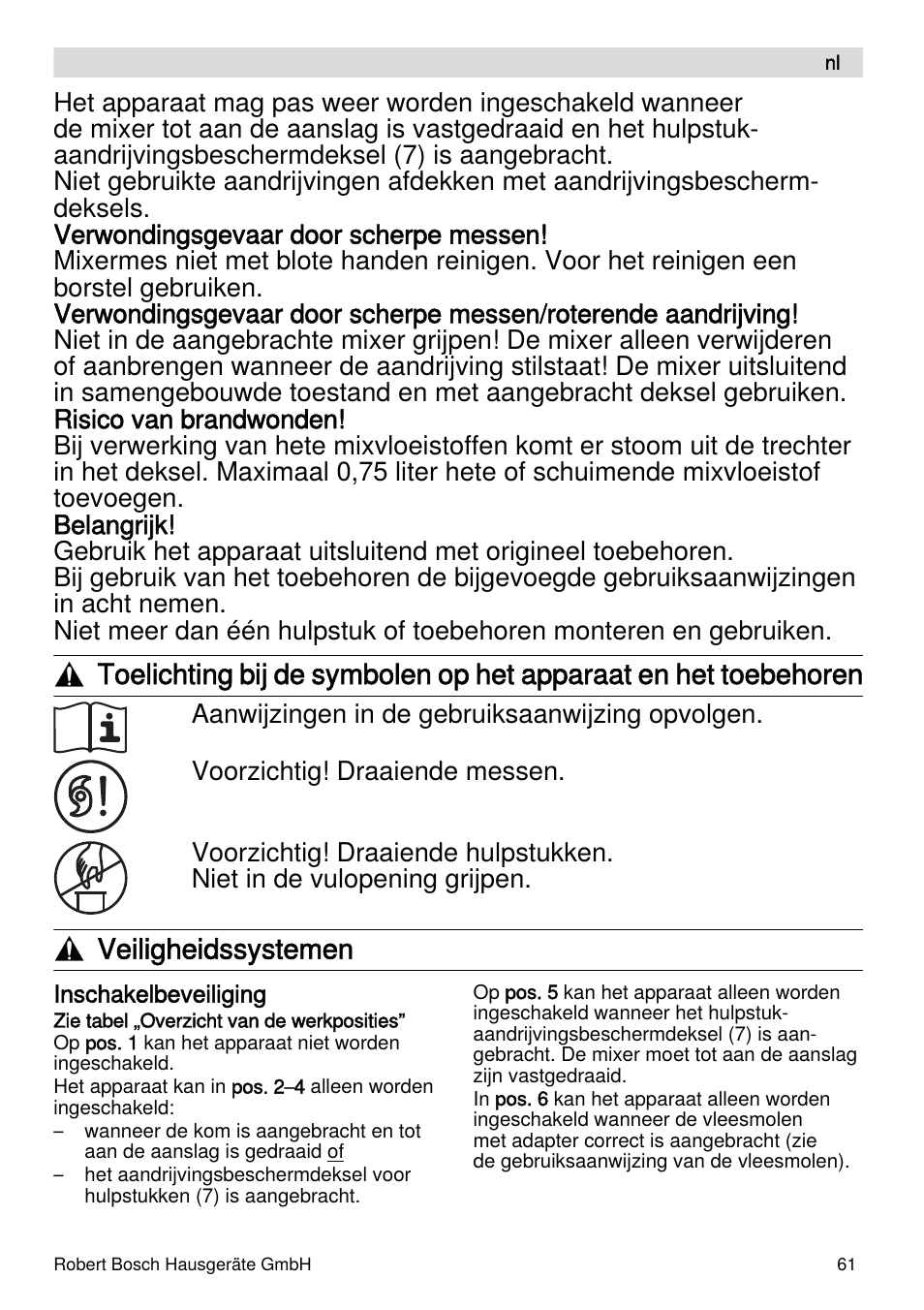 Veiligheidssystemen | Bosch MUMXL10T Kitchen machine MaxxiMUM User Manual | Page 61 / 132