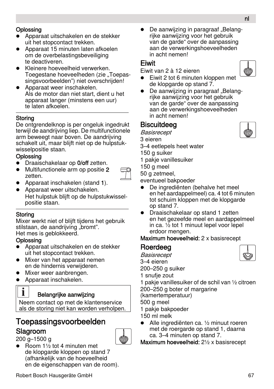 Toepassingsvoorbeelden, Slagroom, Eiwit | Biscuitdeeg, Roerdeeg | Bosch MUMXL10T Kitchen machine MaxxiMUM User Manual | Page 67 / 132