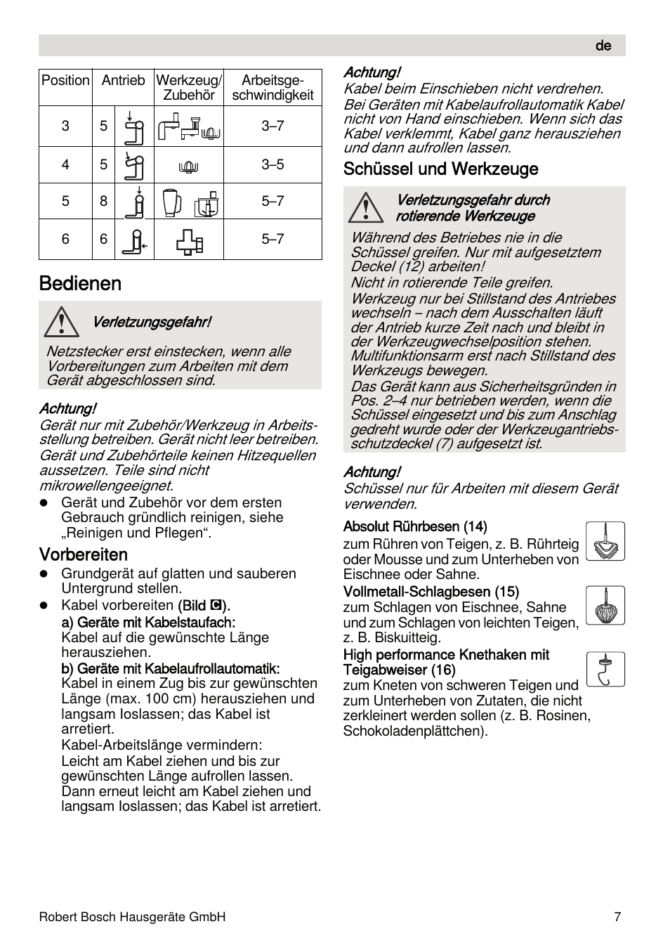 Bedienen, Vorbereiten, Schüssel und werkzeuge | Bosch MUMXL10T Kitchen machine MaxxiMUM User Manual | Page 7 / 132