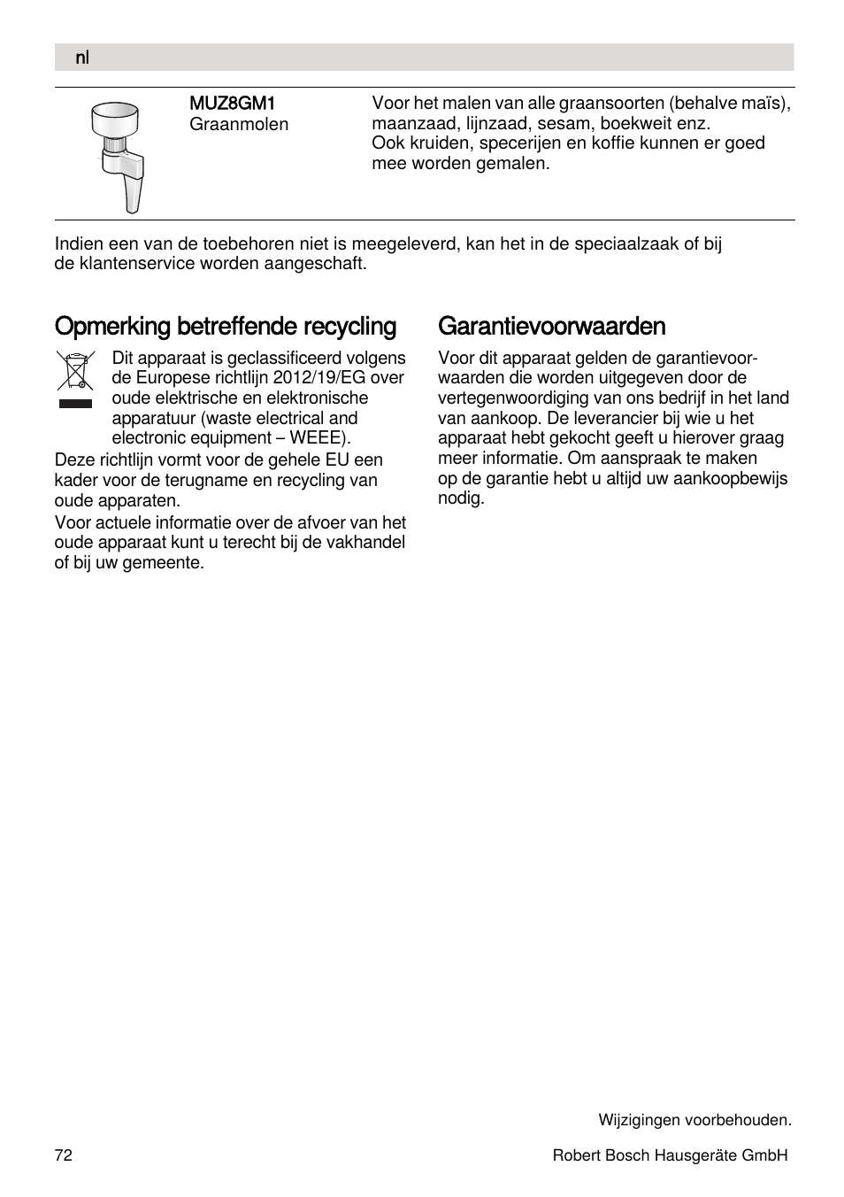 Opmerking betreffende recycling, Garantievoorwaarden | Bosch MUMXL10T Kitchen machine MaxxiMUM User Manual | Page 72 / 132