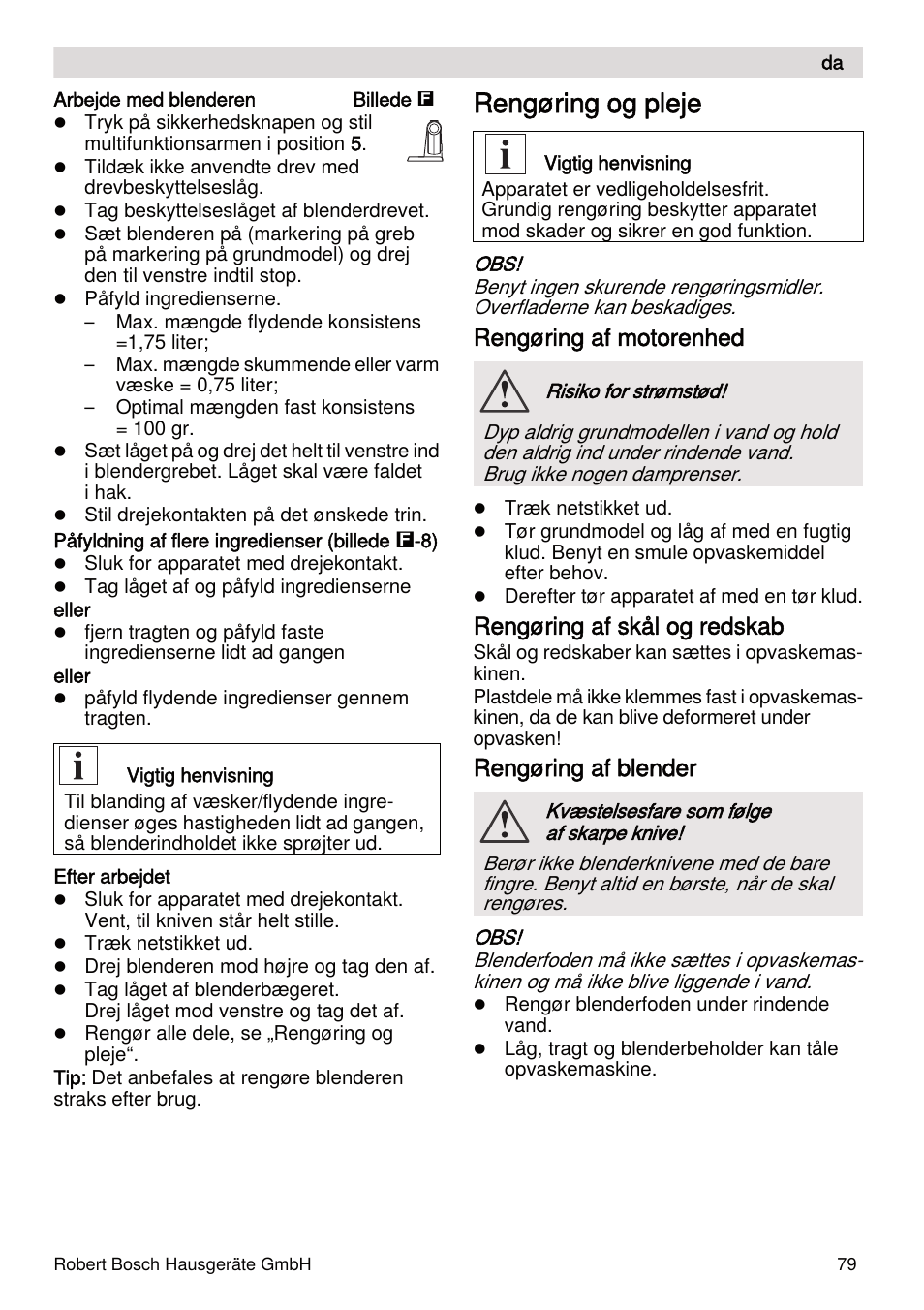 Rengøring og pleje, Rengøring af motorenhed, Rengøring af skål og redskab | Rengøring af blender | Bosch MUMXL10T Kitchen machine MaxxiMUM User Manual | Page 79 / 132