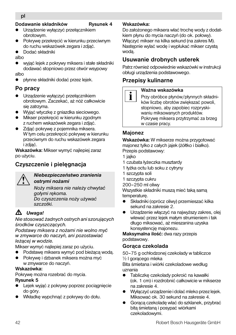 Po pracy, Czyszczenie i pielêgnacja, Usuwanie drobnych usterek | Przepisy kulinarne | Bosch MUZ8MX2 Accessoire bol blender en verre pour MUM8 User Manual | Page 42 / 59