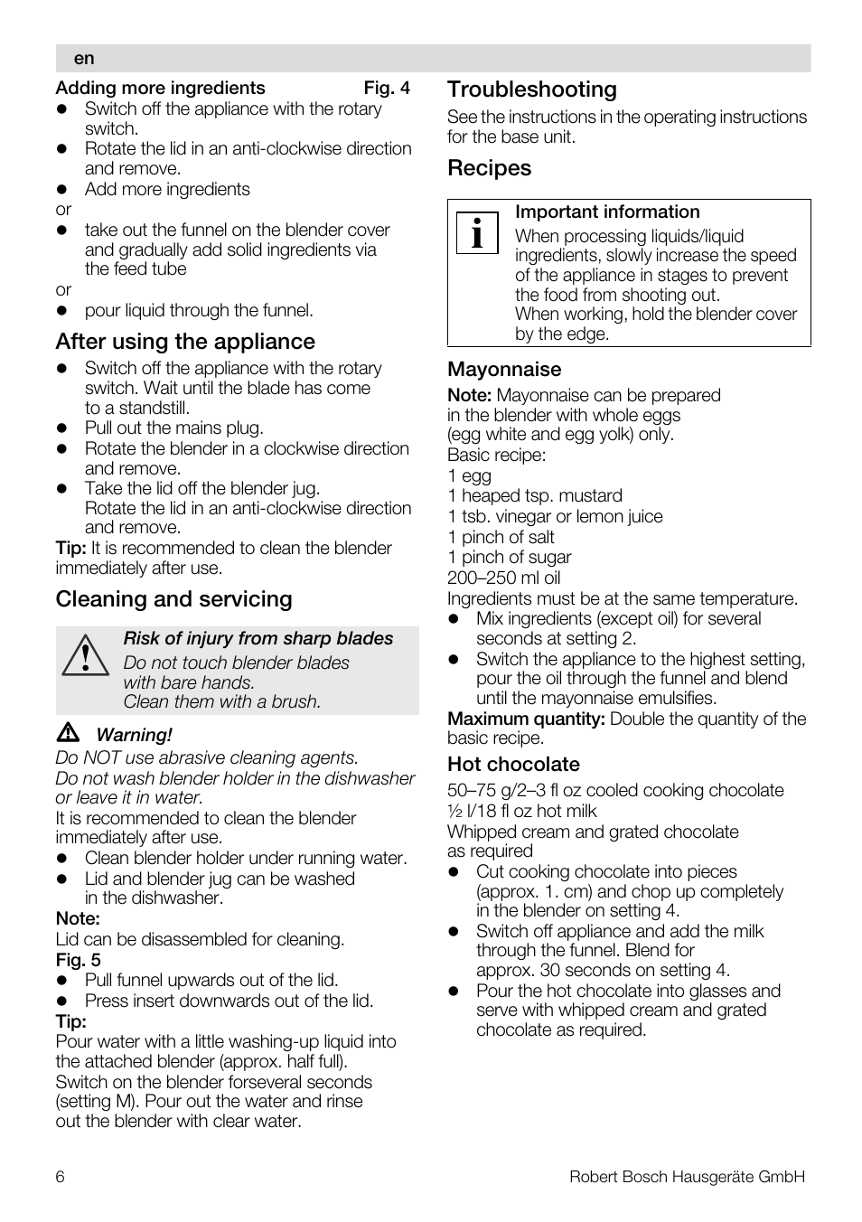 After using the appliance, Cleaning and servicing, Troubleshooting | Recipes | Bosch MUZ8MX2 Accessoire bol blender en verre pour MUM8 User Manual | Page 6 / 59