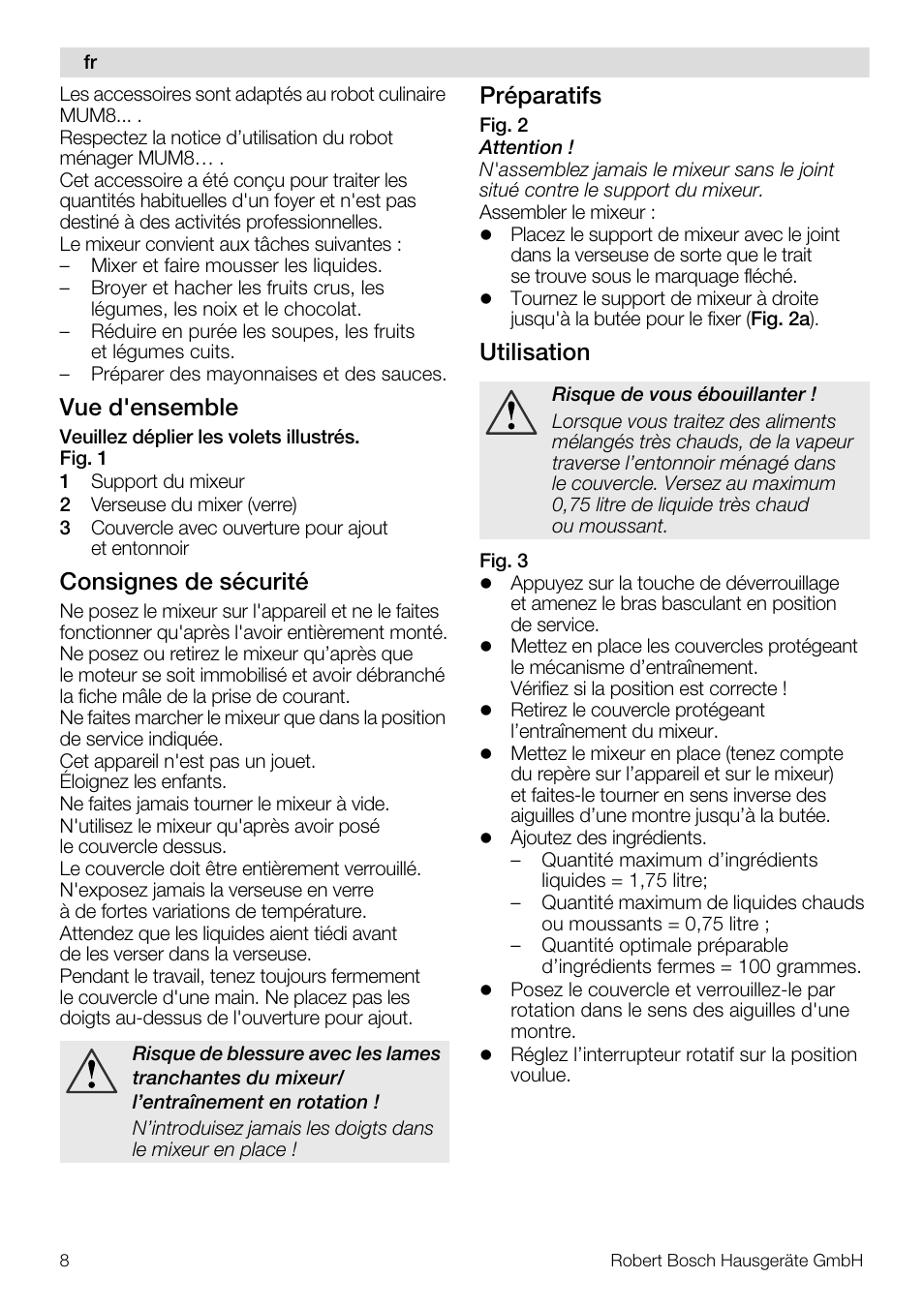 Vue d'ensemble, Consignes de sécurité, Préparatifs | Utilisation | Bosch MUZ8MX2 Accessoire bol blender en verre pour MUM8 User Manual | Page 8 / 59