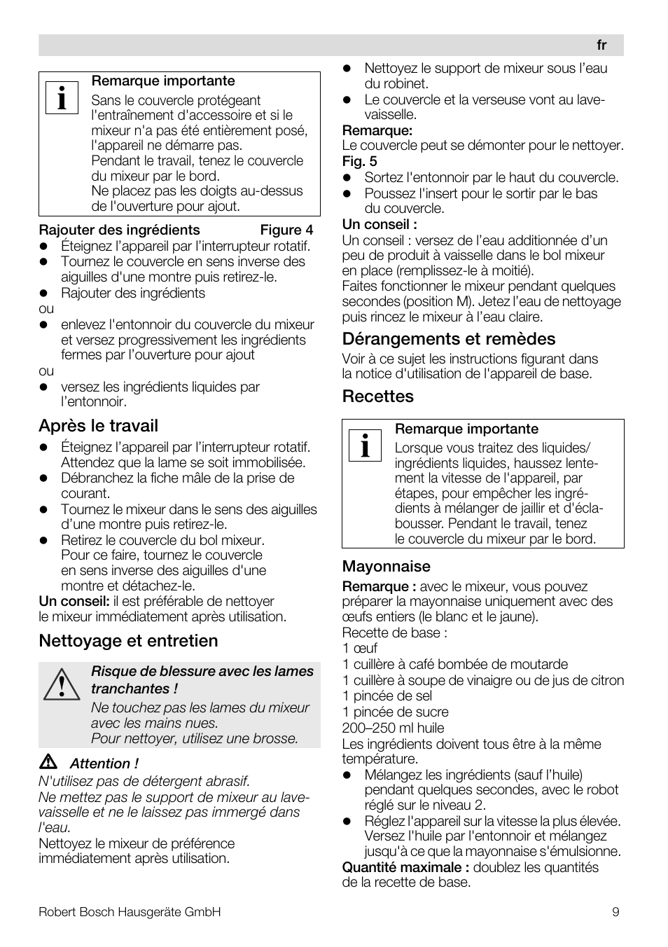Après le travail, Nettoyage et entretien, Dérangements et remèdes | Recettes | Bosch MUZ8MX2 Accessoire bol blender en verre pour MUM8 User Manual | Page 9 / 59