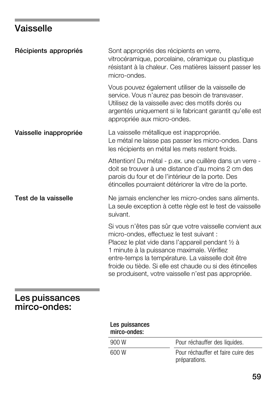 Vaisselle, Les puissances mircoćondes | Bosch HMT82M650 - Inox Micro-ondes User Manual | Page 59 / 124