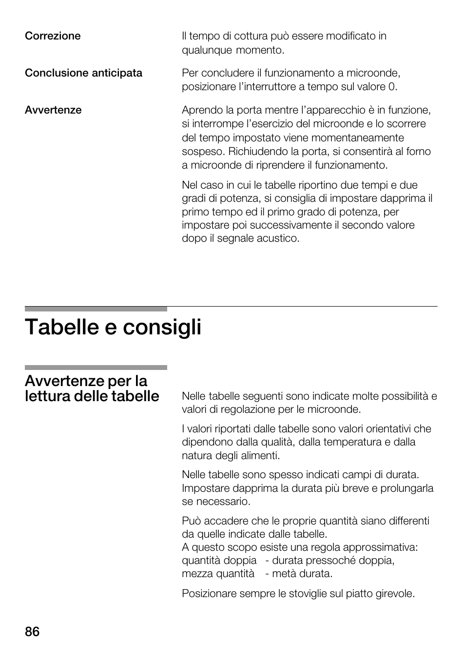 Tabelle e consigli, Avvertenze per la lettura delle tabelle | Bosch HMT82M650 - Inox Micro-ondes User Manual | Page 86 / 124
