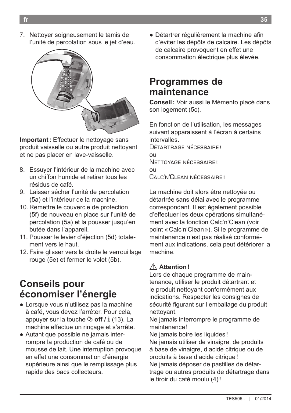 Conseils pour économiser l’énergie, Programmes de maintenance | Bosch TES50621RW VeroCafe LattePro Machine à café Expresso automatique Titanium User Manual | Page 39 / 134