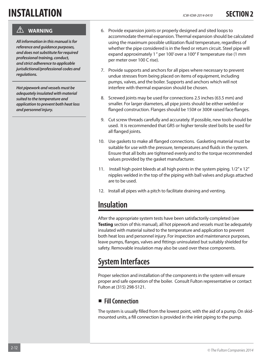 Installation, Insulation, System interfaces | Fill connection | Fulton Classic ICX or FB-F Vertical Tubeless Boilers (Hot Water), Gas_Oil Fired User Manual | Page 18 / 52