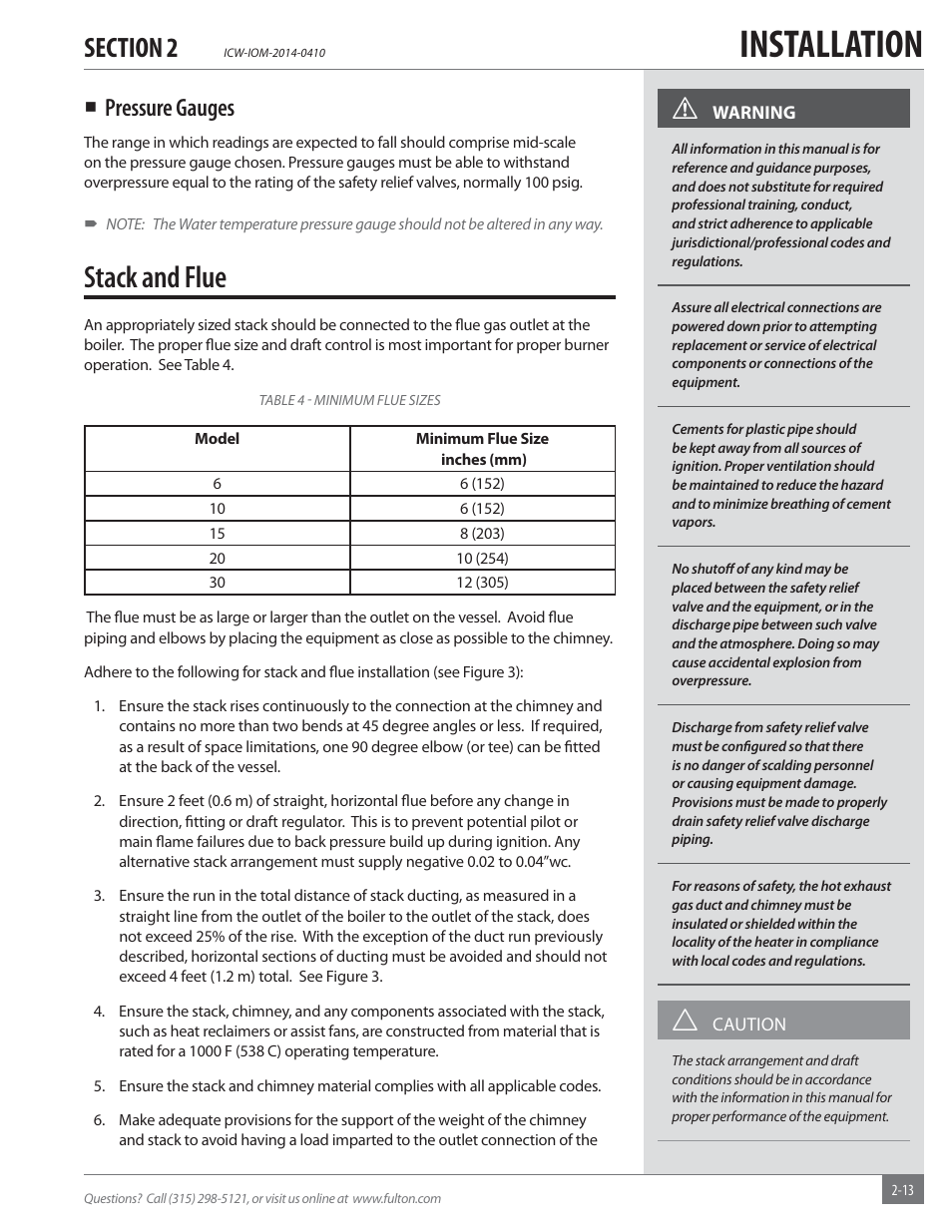 Installation, Stack and flue, Pressure gauges | Fulton Classic ICX or FB-F Vertical Tubeless Boilers (Hot Water), Gas_Oil Fired User Manual | Page 19 / 52