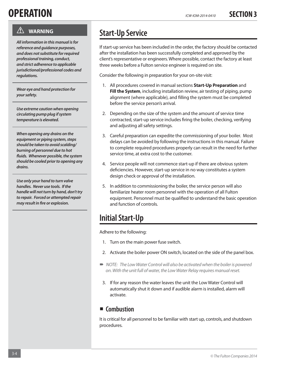 Operation, Start-up service, Initial start-up | Combustion | Fulton Classic ICX or FB-F Vertical Tubeless Boilers (Hot Water), Gas_Oil Fired User Manual | Page 26 / 52