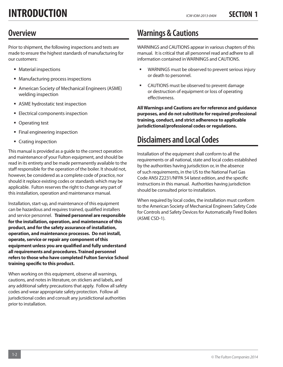 Introduction, Overview, Warnings & cautions | Disclaimers and local codes | Fulton Classic ICX or FB-F Vertical Tubeless Boilers (Hot Water), Gas_Oil Fired User Manual | Page 6 / 52