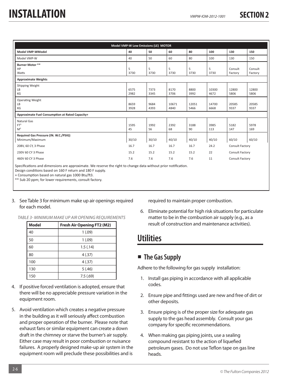 Installation, Utilities, The gas supply | Fulton VMP Hot Water (VMPW) User Manual | Page 12 / 52