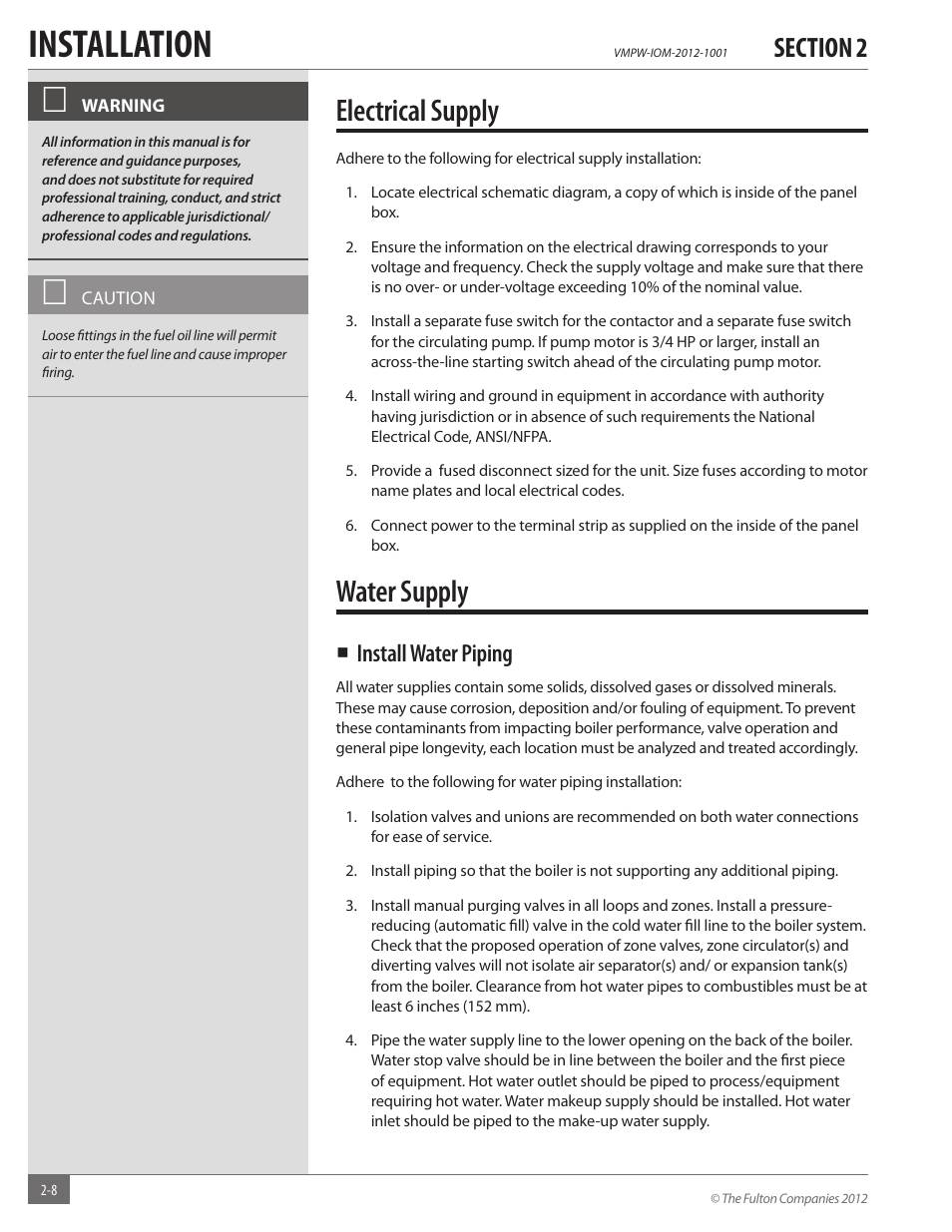 Installation, Electrical supply, Water supply | Install water piping | Fulton VMP Hot Water (VMPW) User Manual | Page 14 / 52