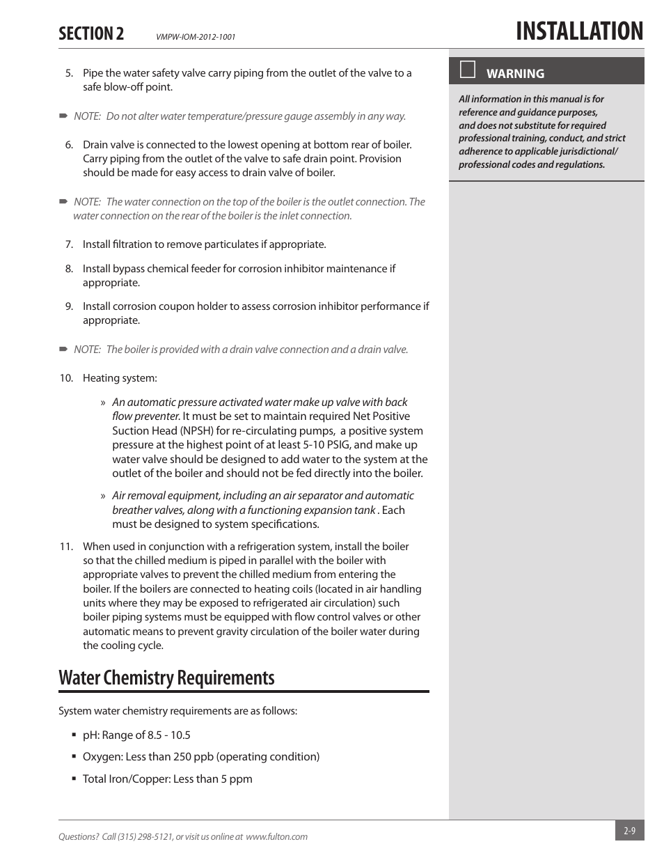 Installation, Water chemistry requirements | Fulton VMP Hot Water (VMPW) User Manual | Page 15 / 52