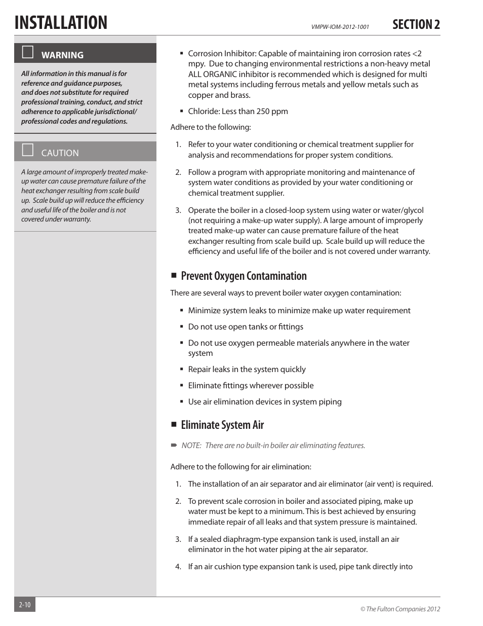 Installation, Prevent oxygen contamination, Eliminate system air | Fulton VMP Hot Water (VMPW) User Manual | Page 16 / 52