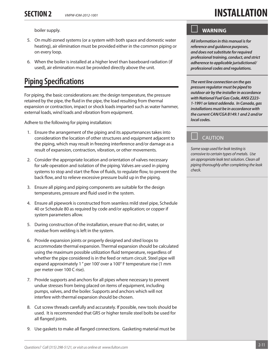 Installation, Piping speciﬁ cations | Fulton VMP Hot Water (VMPW) User Manual | Page 17 / 52