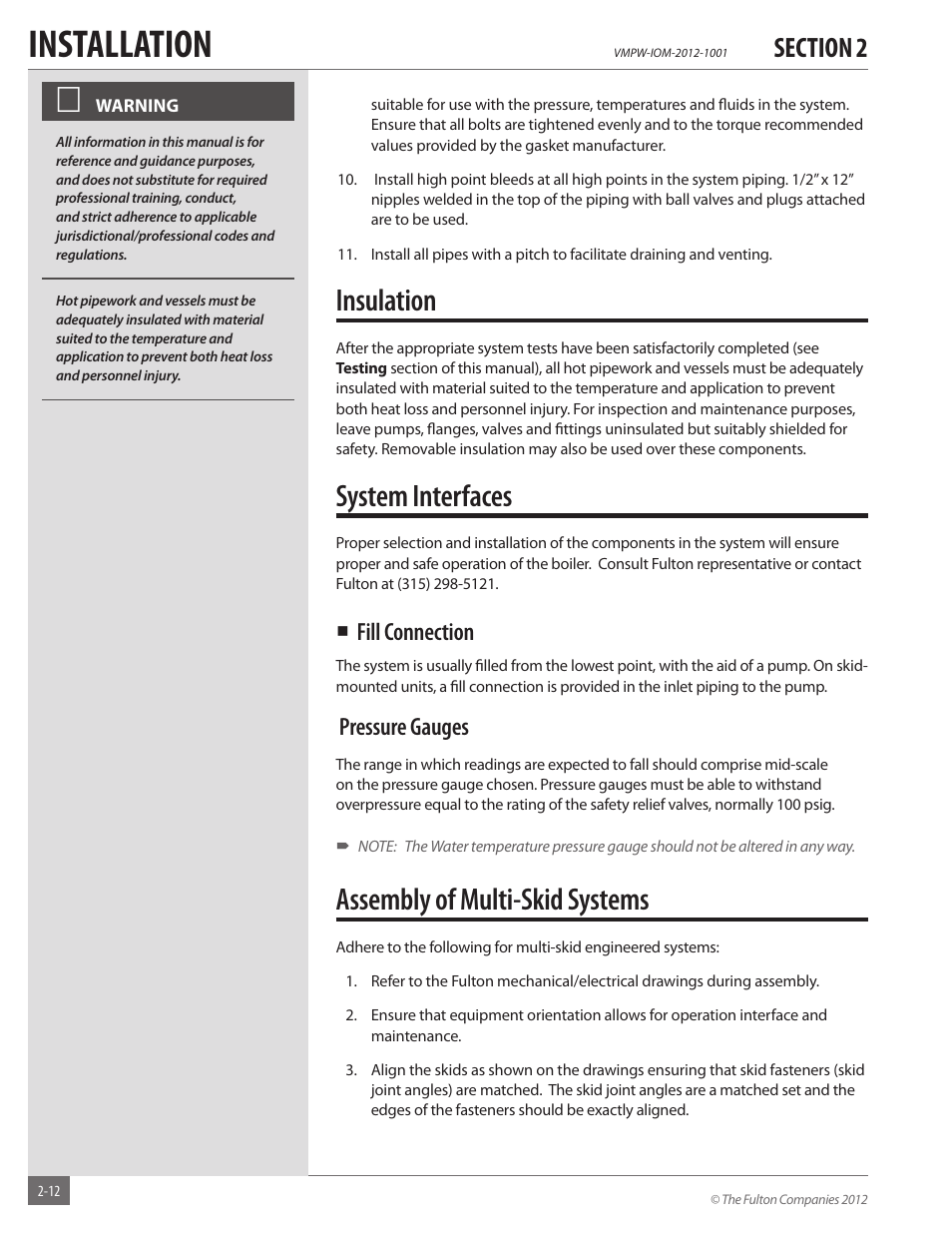 Installation, Insulation, System interfaces | Assembly of multi-skid systems, Fill connection, Pressure gauges | Fulton VMP Hot Water (VMPW) User Manual | Page 18 / 52