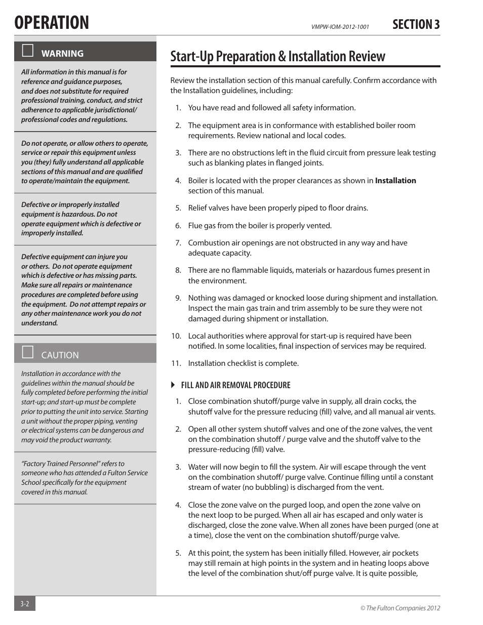 Operation, Start-up preparation & installation review | Fulton VMP Hot Water (VMPW) User Manual | Page 24 / 52