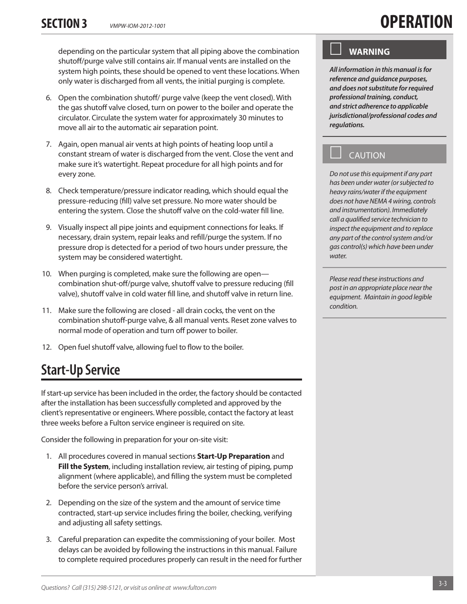 Operation, Start-up service | Fulton VMP Hot Water (VMPW) User Manual | Page 25 / 52