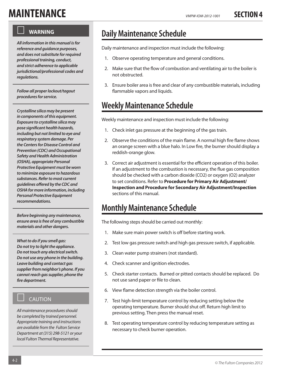 Maintenance, Daily maintenance schedule, Weekly maintenance schedule | Monthly maintenance schedule | Fulton VMP Hot Water (VMPW) User Manual | Page 32 / 52