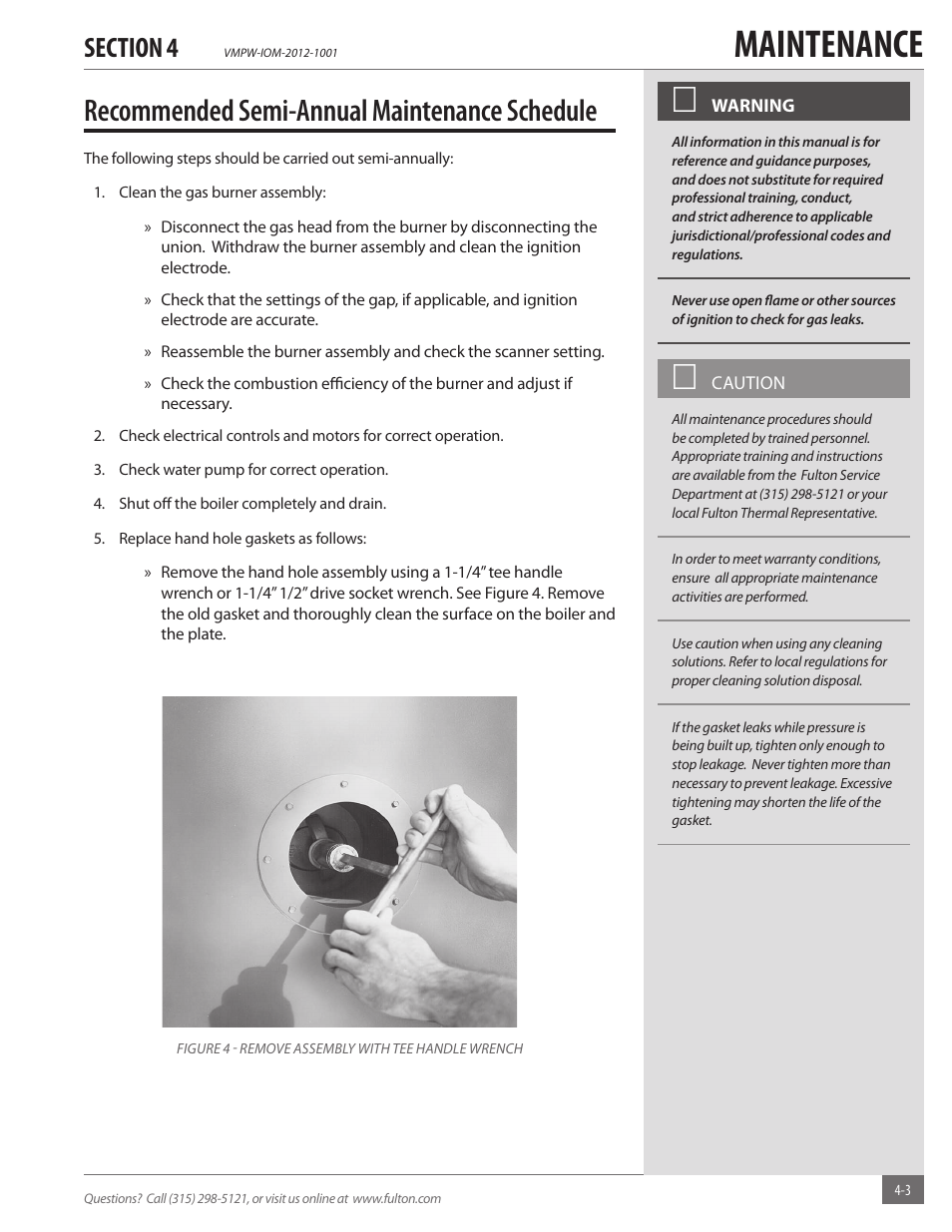 Maintenance, Recommended semi-annual maintenance schedule | Fulton VMP Hot Water (VMPW) User Manual | Page 33 / 52