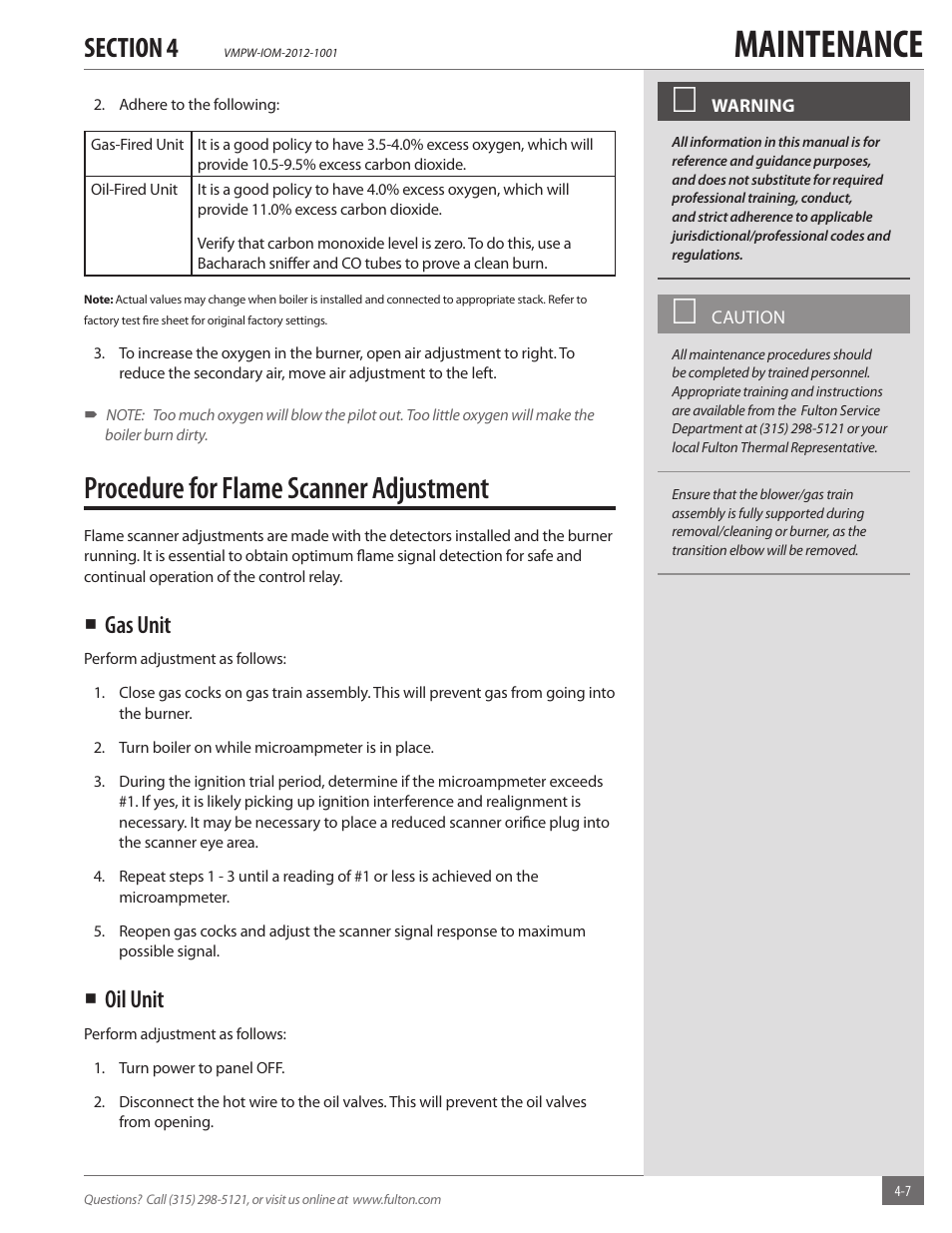 Maintenance, Procedure for flame scanner adjustment, Gas unit | Oil unit | Fulton VMP Hot Water (VMPW) User Manual | Page 37 / 52