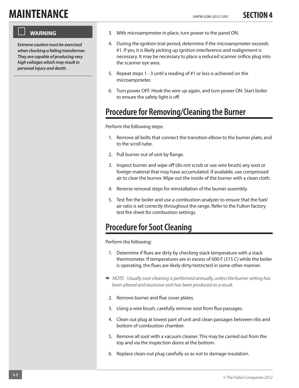 Maintenance, Procedure for removing/cleaning the burner, Procedure for soot cleaning | Fulton VMP Hot Water (VMPW) User Manual | Page 38 / 52