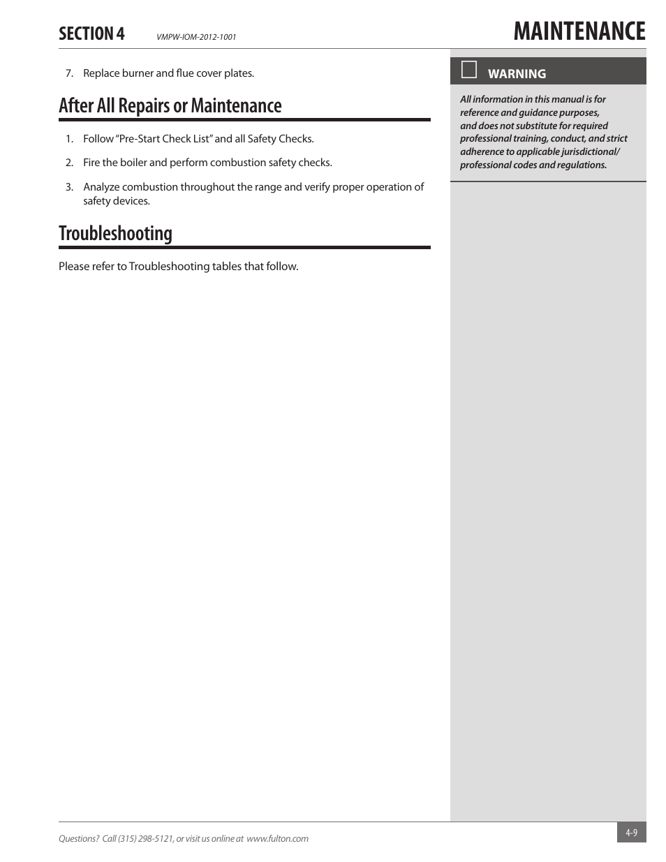 Maintenance, After all repairs or maintenance, Troubleshooting | Fulton VMP Hot Water (VMPW) User Manual | Page 39 / 52