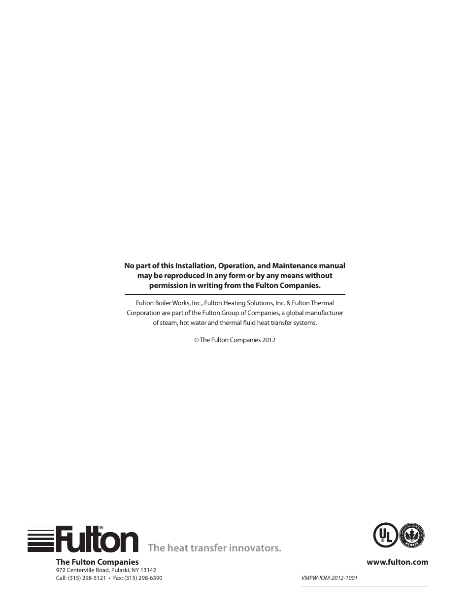 The heat transfer innovators | Fulton VMP Hot Water (VMPW) User Manual | Page 52 / 52