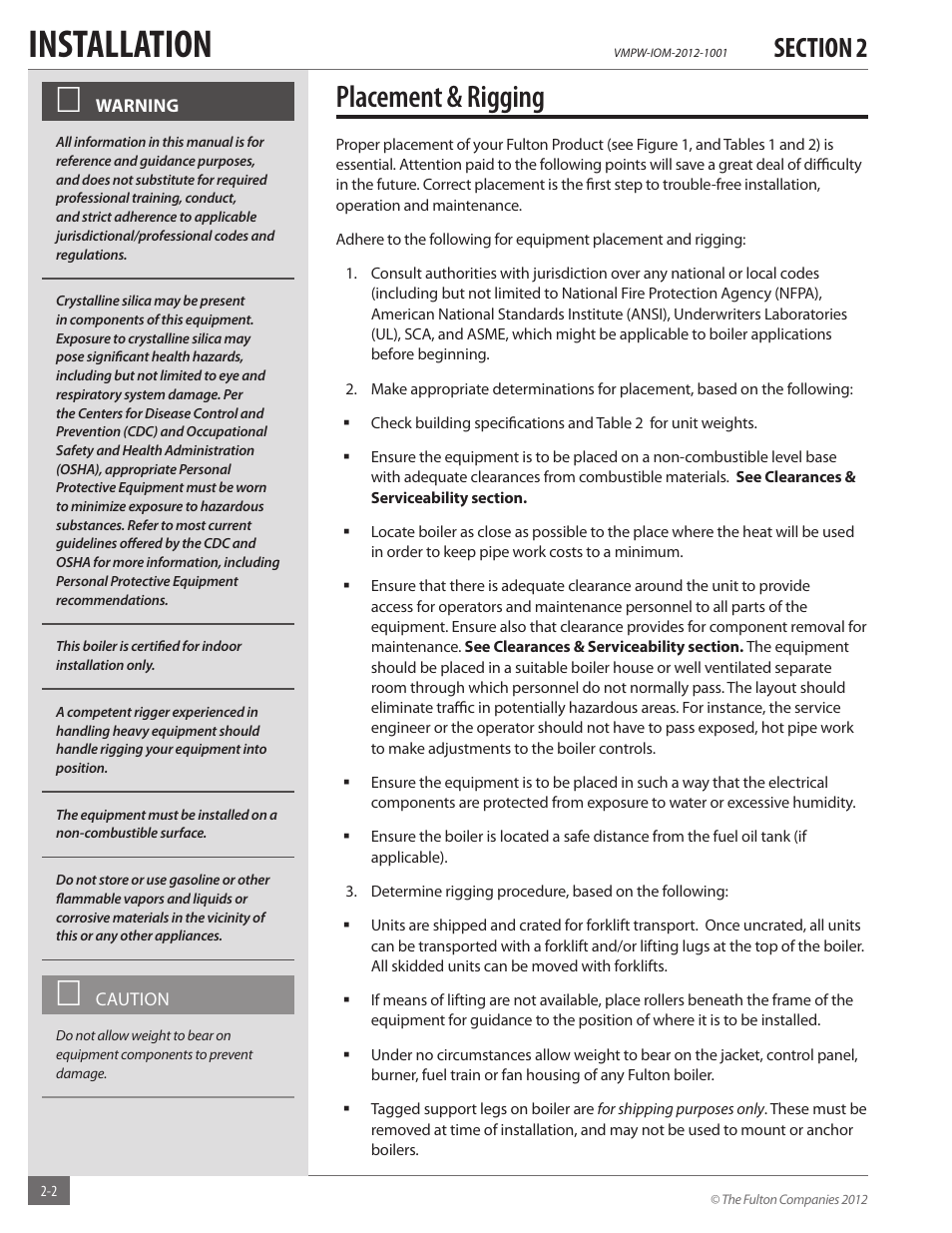 Installation, Placement & rigging | Fulton VMP Hot Water (VMPW) User Manual | Page 8 / 52
