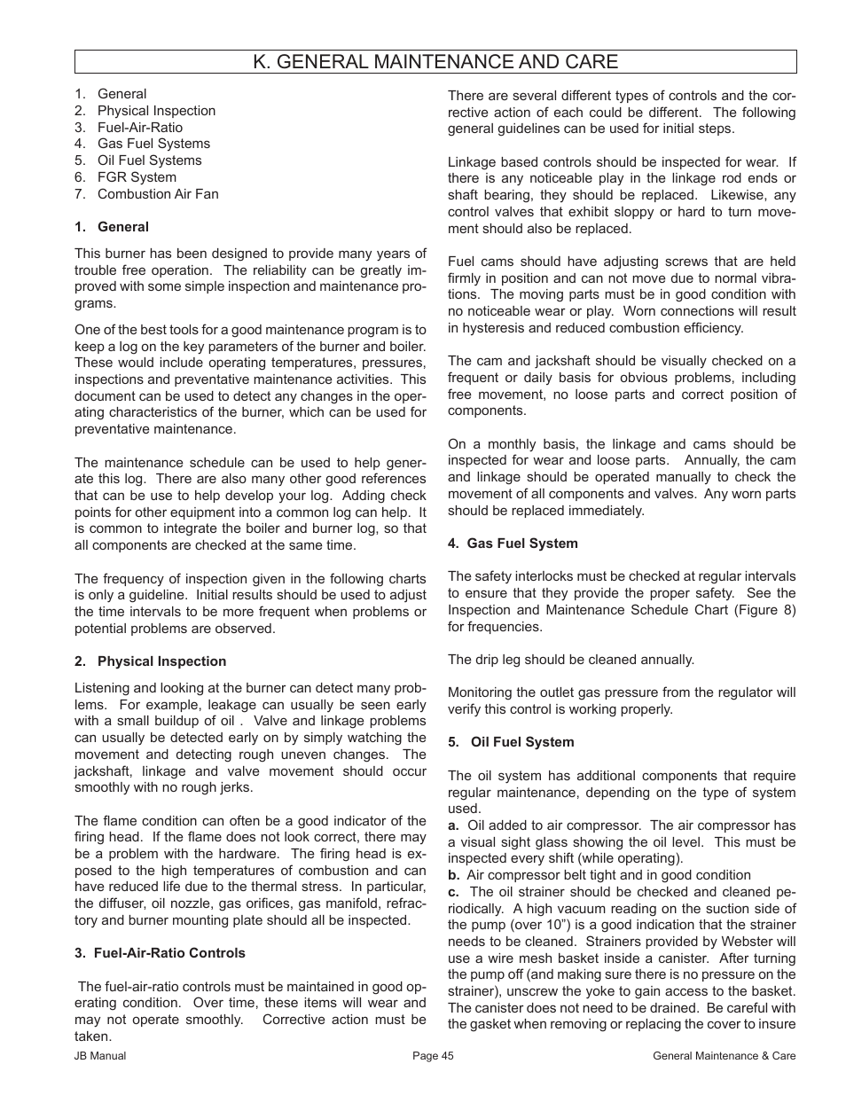 K. general maintenance and care | Fulton VMP Webster Oil_Combo Burner User Manual | Page 45 / 52