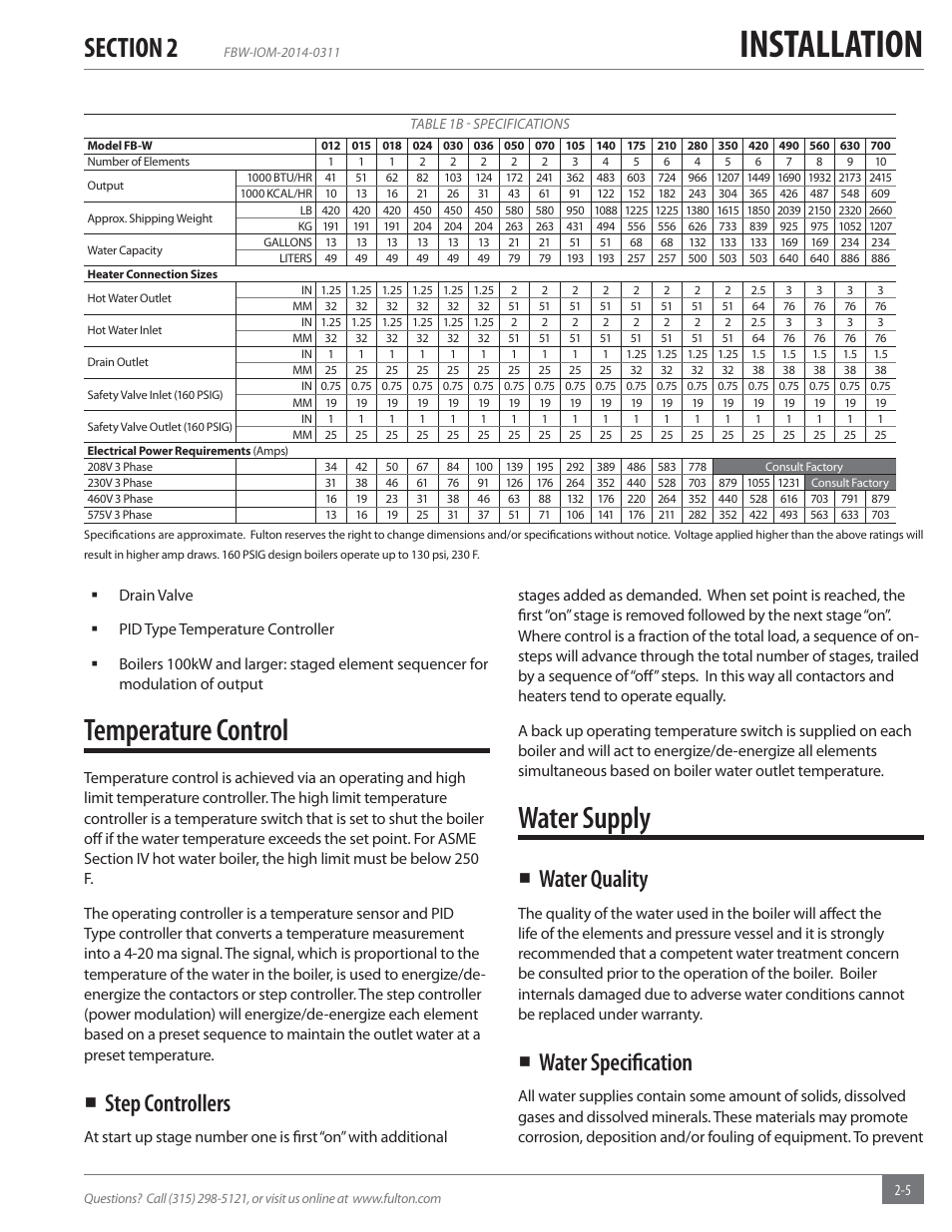 Installation, Temperature control, Water supply | Step controllers, Water quality, Water specifi cation | Fulton Electric (FB-W) Hot Water Boiler User Manual | Page 11 / 32