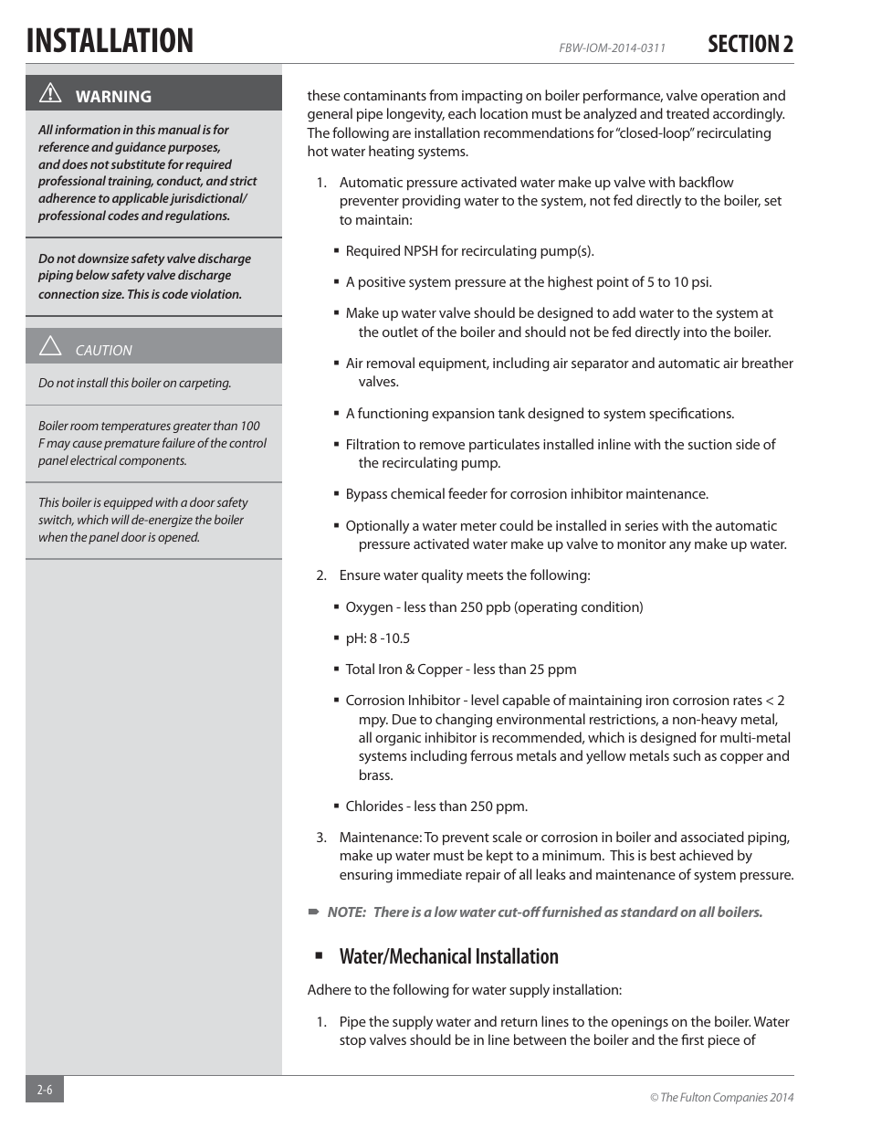 Installation, Water/mechanical installation | Fulton Electric (FB-W) Hot Water Boiler User Manual | Page 12 / 32