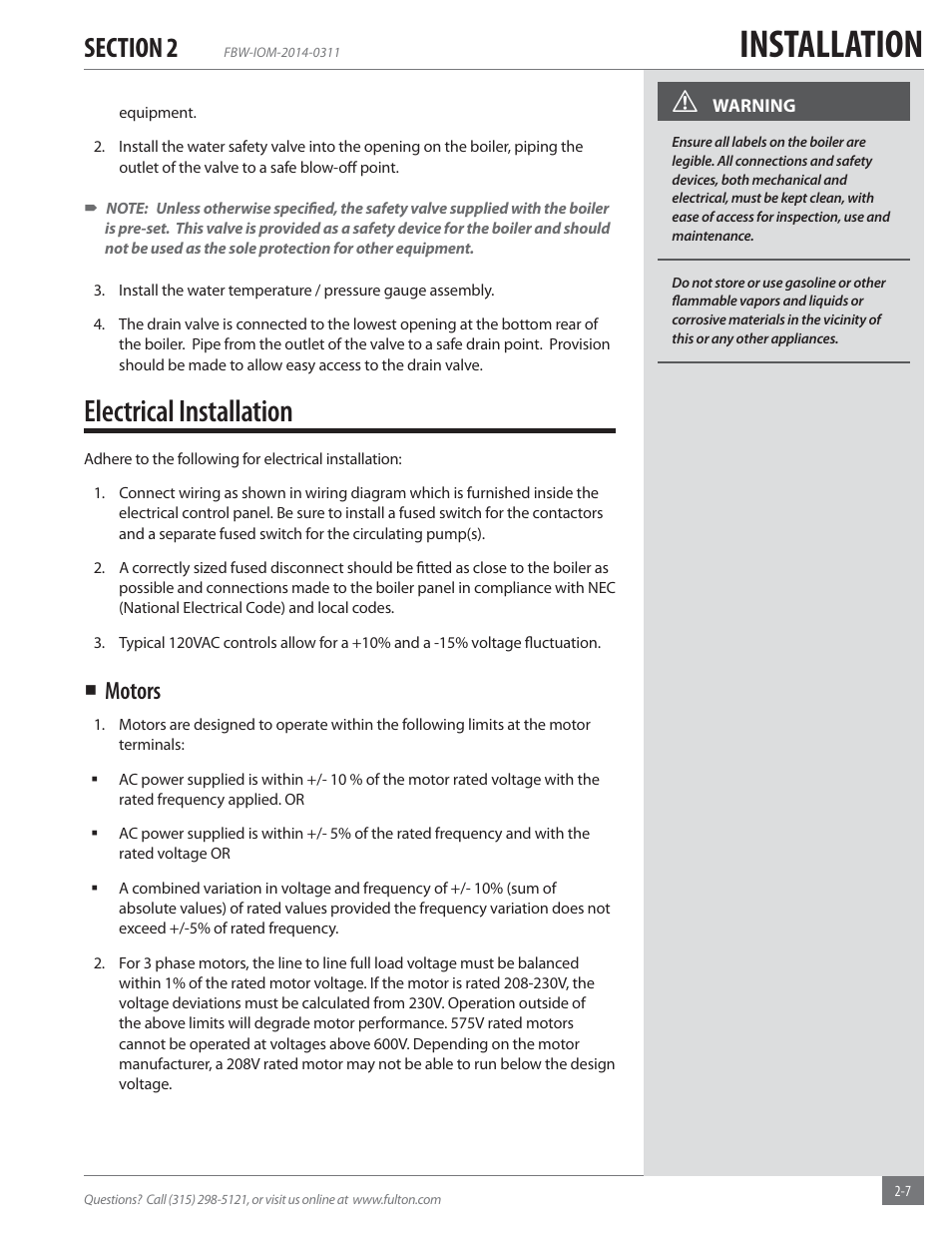 Installation, Electrical installation, Motors | Fulton Electric (FB-W) Hot Water Boiler User Manual | Page 13 / 32