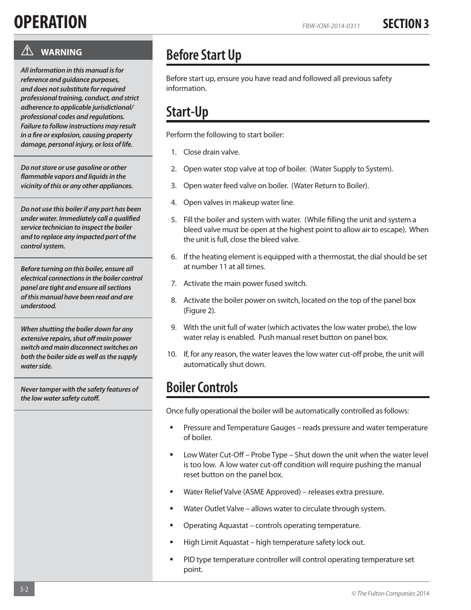 Operation, Before start up, Start-up | Boiler controls | Fulton Electric (FB-W) Hot Water Boiler User Manual | Page 16 / 32