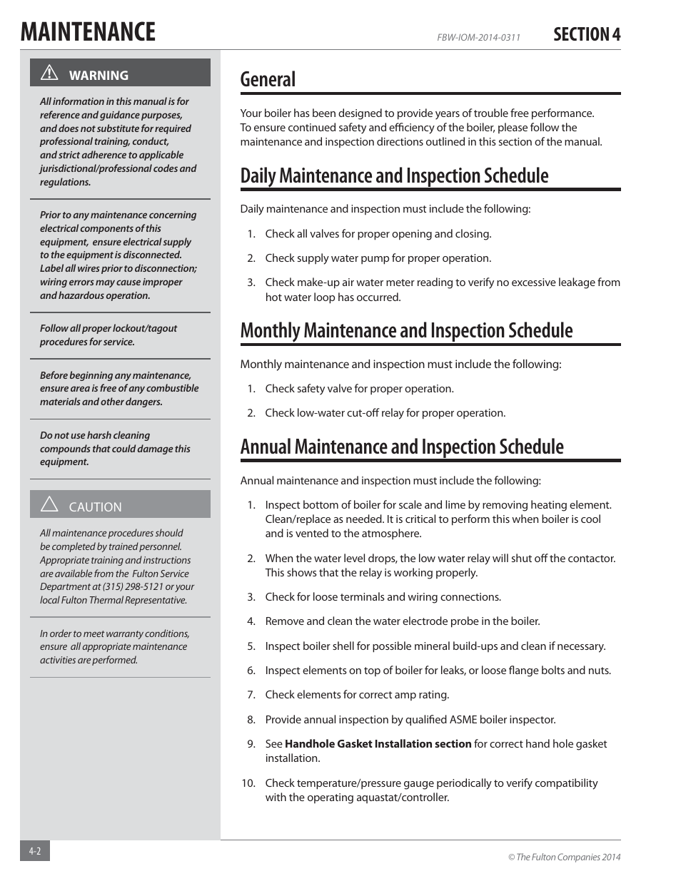 Maintenance, General, Daily maintenance and inspection schedule | Monthly maintenance and inspection schedule, Annual maintenance and inspection schedule | Fulton Electric (FB-W) Hot Water Boiler User Manual | Page 20 / 32