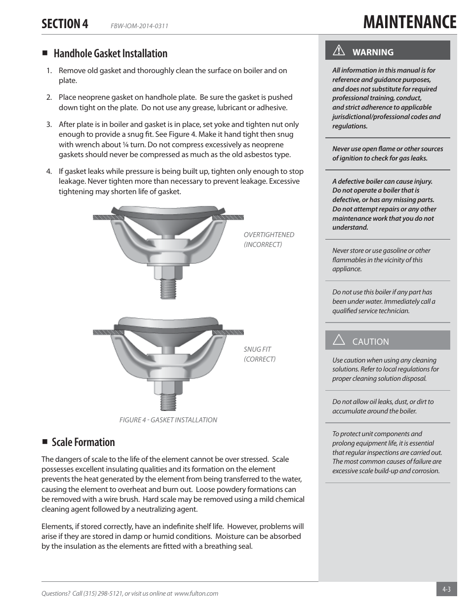 Maintenance, Handhole gasket installation, Scale formation | Fulton Electric (FB-W) Hot Water Boiler User Manual | Page 21 / 32